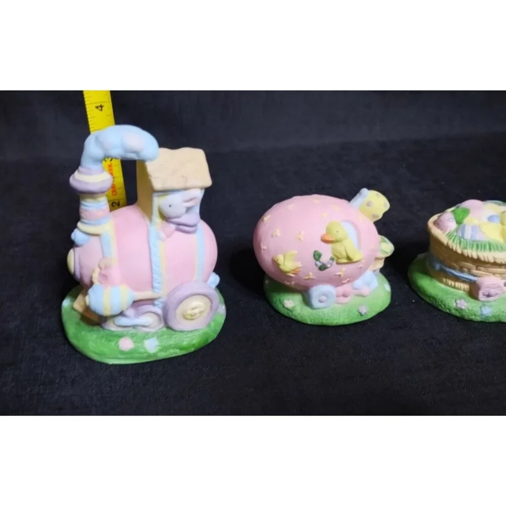 Bisque Ceramic Easter Egg Train 3 Figures Bunny Rabbit Chick Spring Flowers